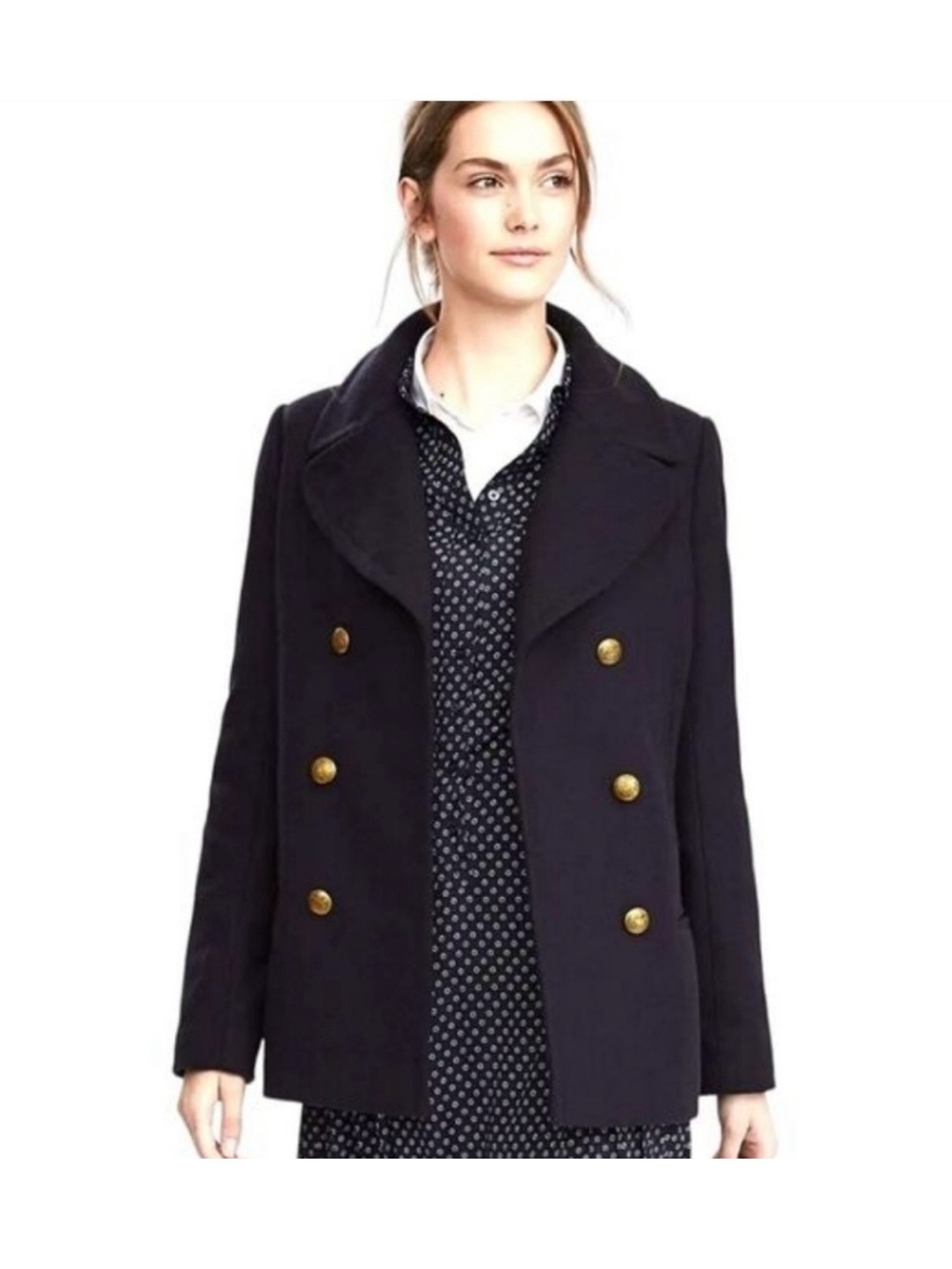 ​Banana Republic Nova Fides Italian Wool Double Breasted Pea Coat Gold Buttoms M